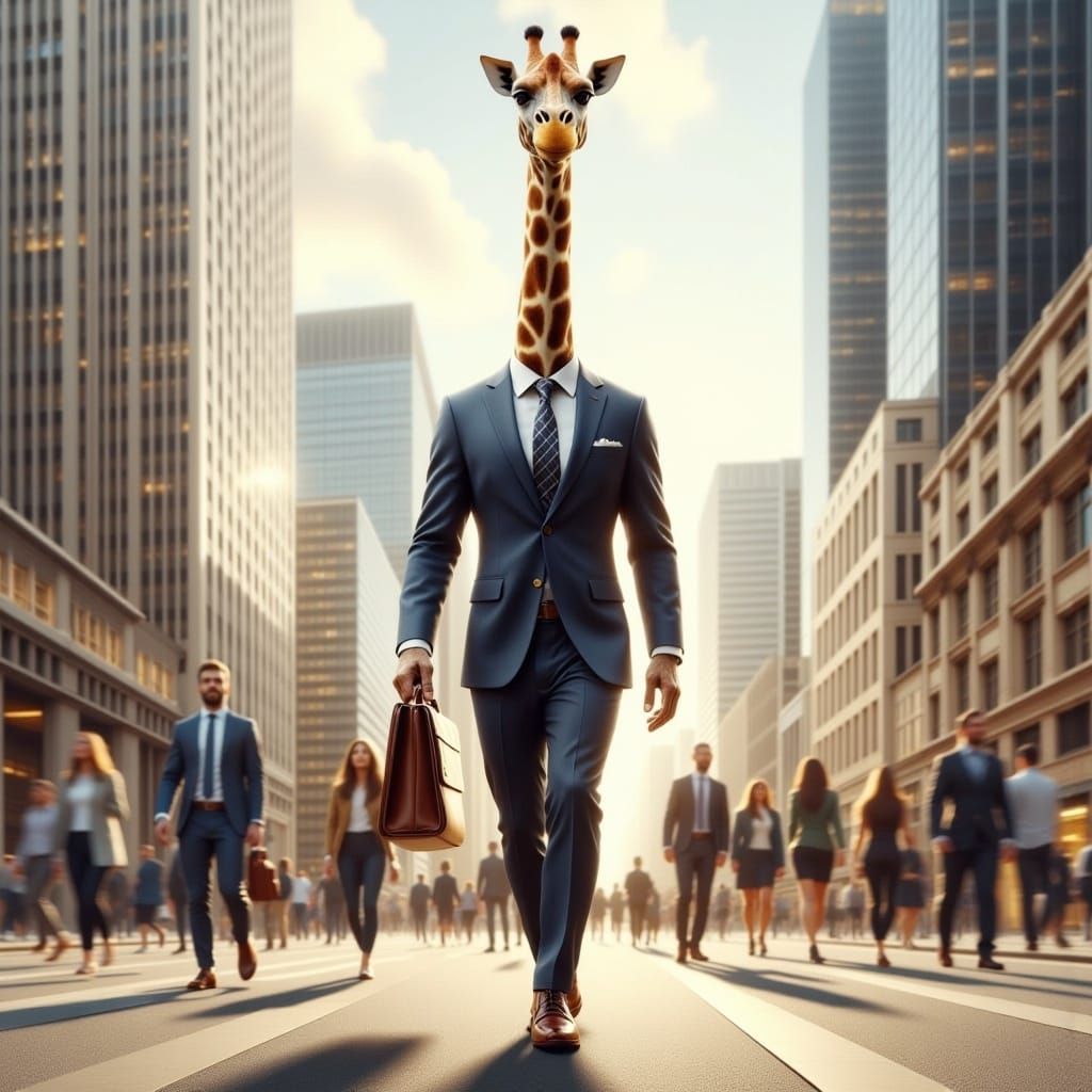 Giraffe-Human Hybrid in Business Suit in Futuristic Realism
