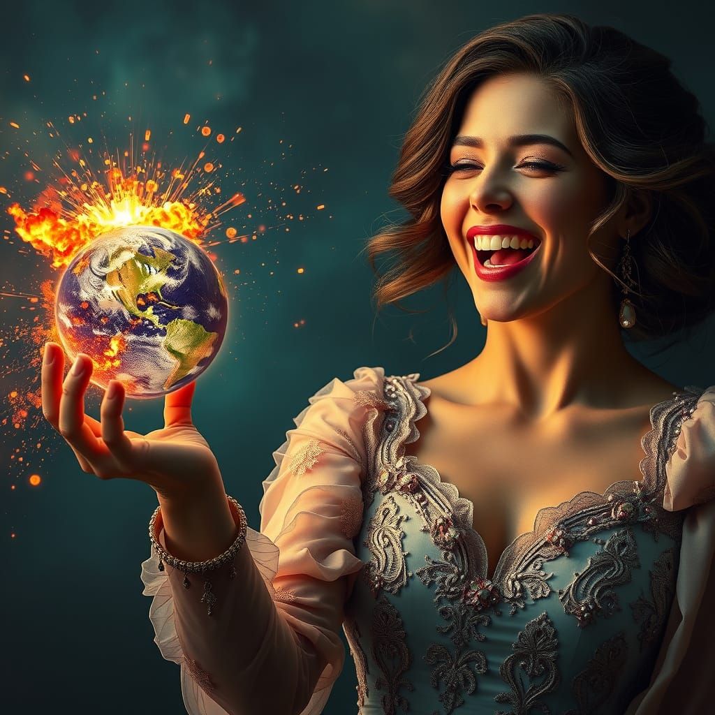 Woman Laughs as Planet Explodes: Hyperrealistic Art