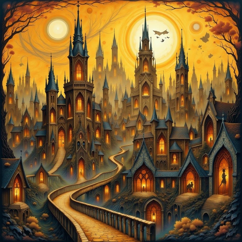 Whimsical Medieval Cityscape in Art Nouveau Style