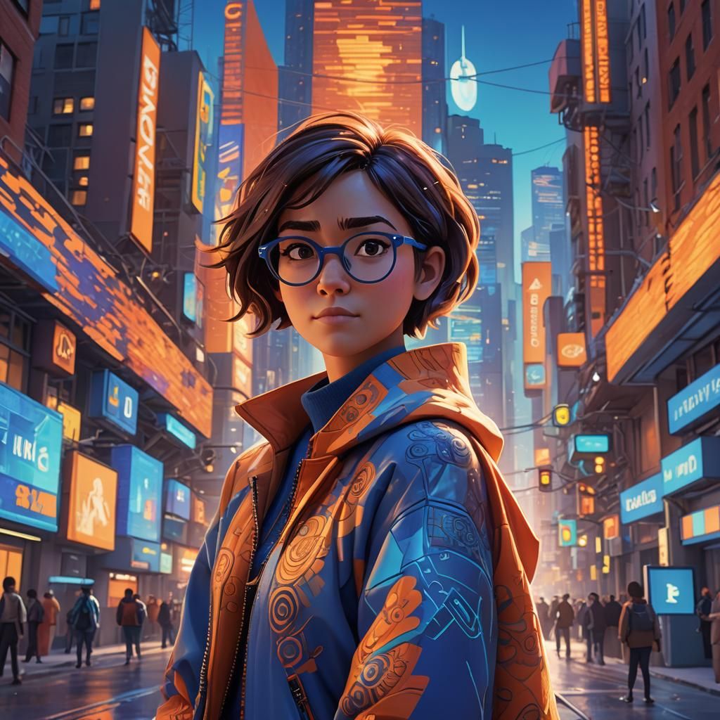 Teacher in Futuristic Cityscape: Pixar-Style 3D Art