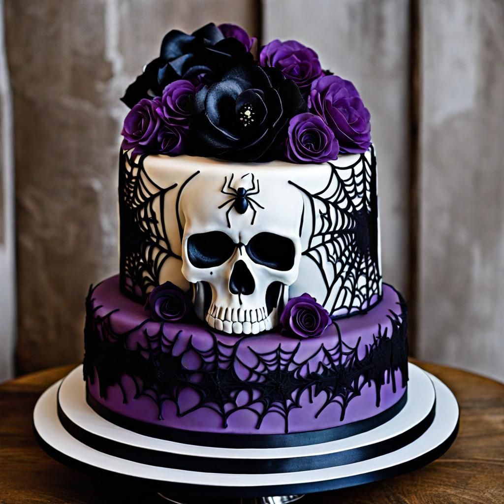 Gothic Wedding Cake with Skulls and Dark Flowers