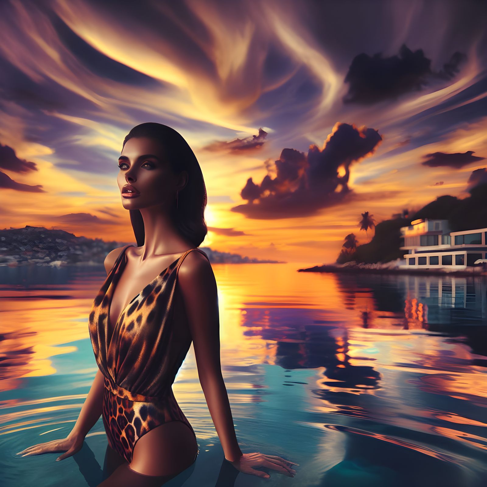 Sunset Silhouette: Woman in Leopard Print Bathing Suit