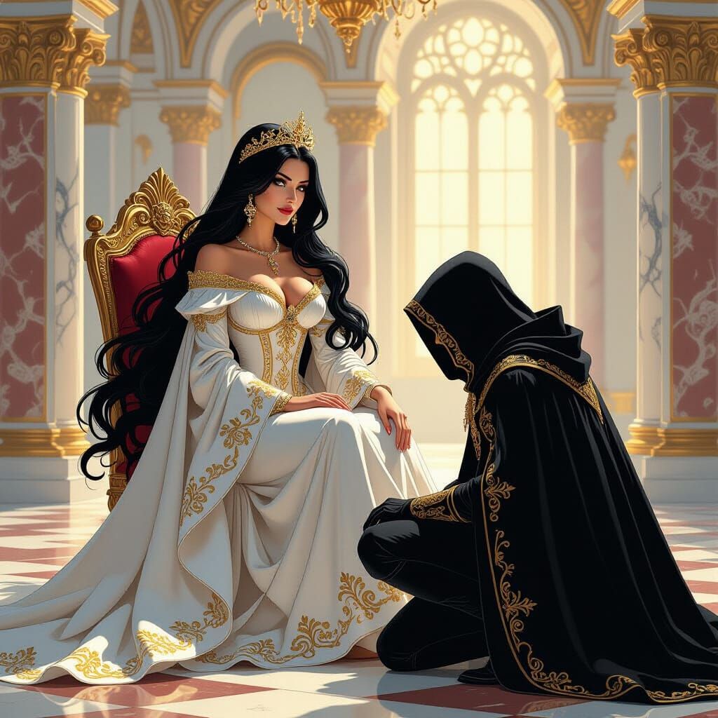 Renaissance Lady Receives a Hooded Visitor in Comic Art Styl...