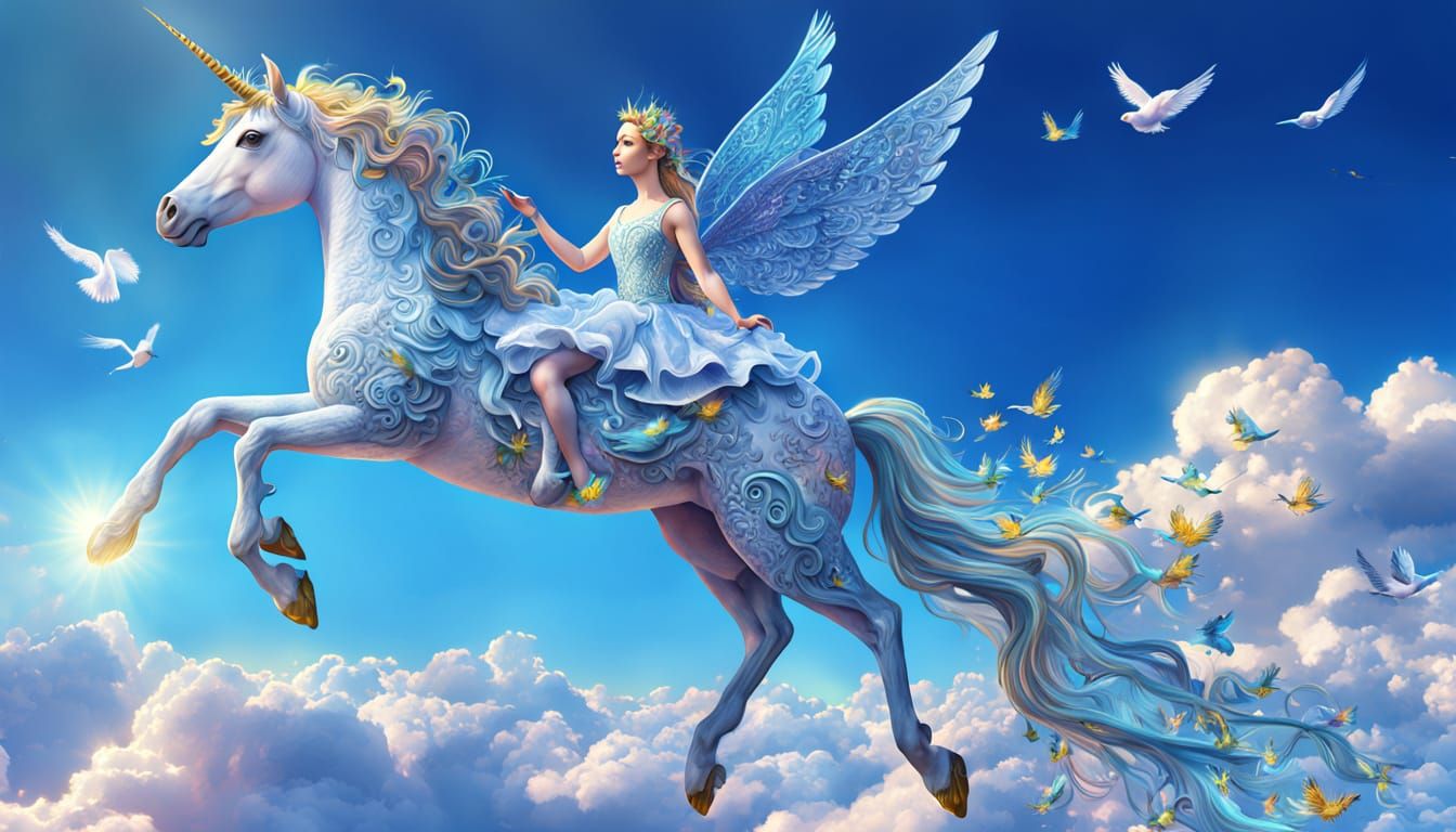 Fairy on Unicorn in Blue Sky: Fantasy Illustration