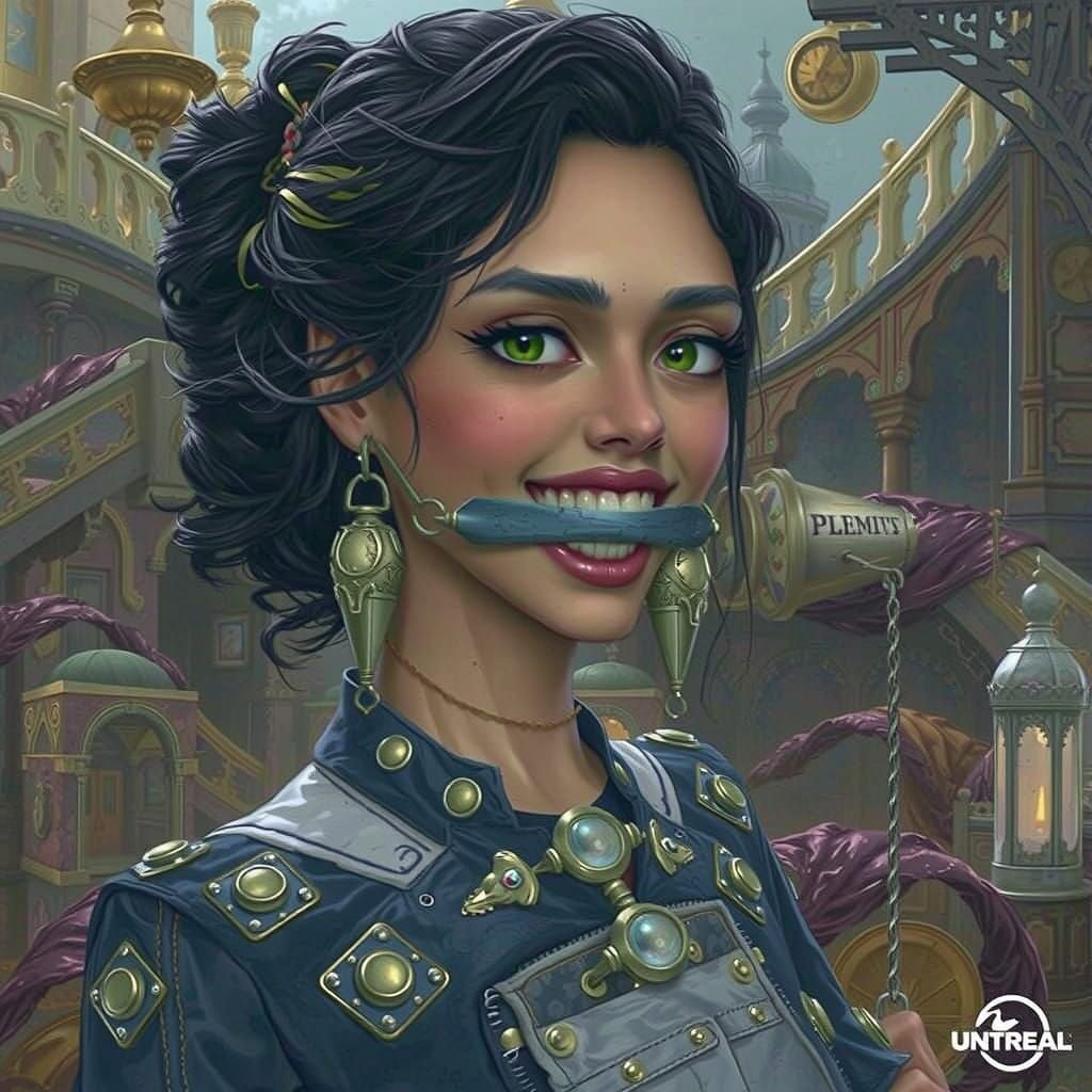 Mysterious Woman Silenced by Rusty Metal Gag in Whimsical Fa...