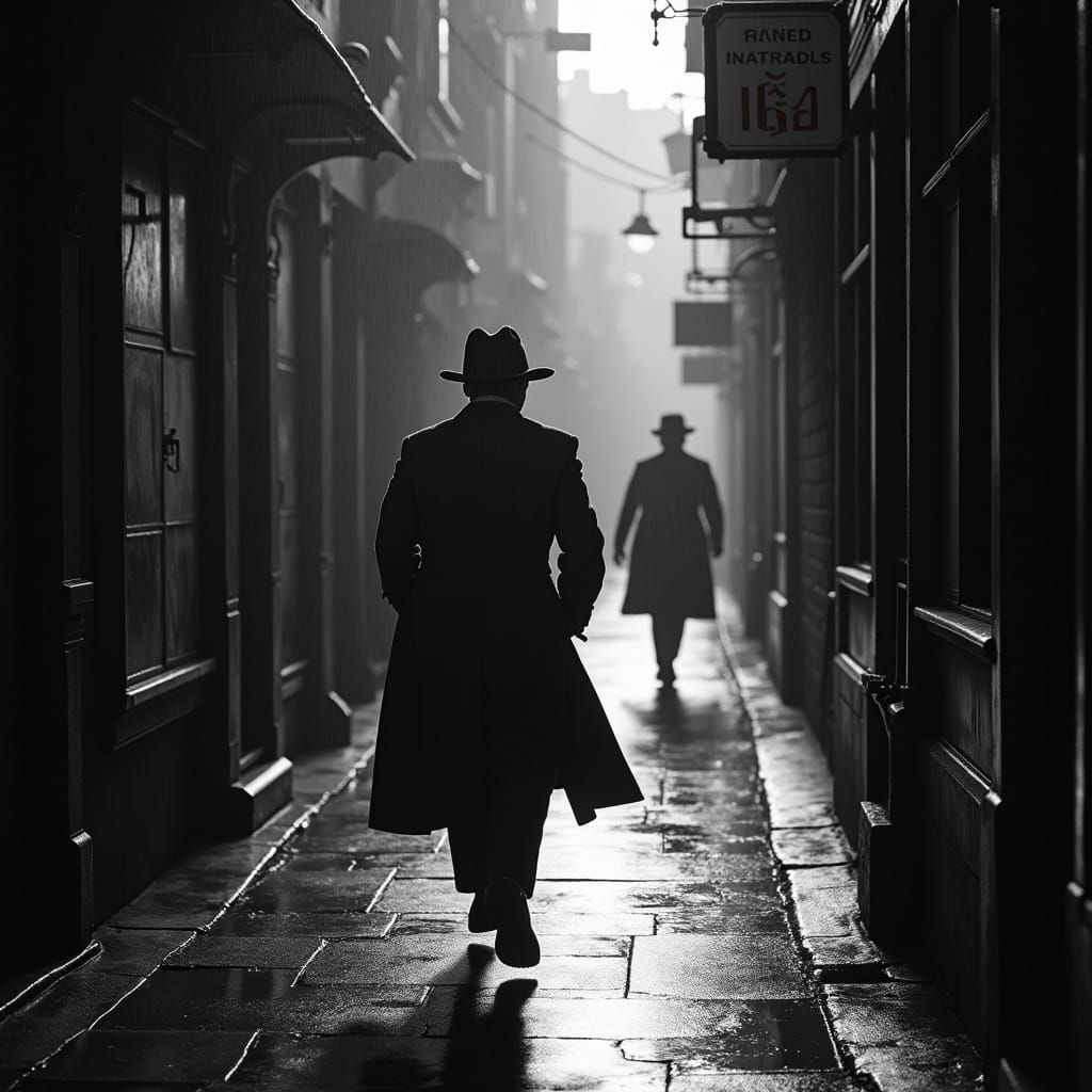 Film Noir Chase Scene in Rain-Soaked Alley
