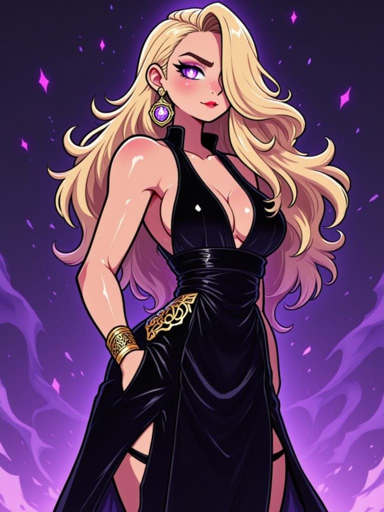 Valenora: Regal Anime Character in Black and Gold Gown