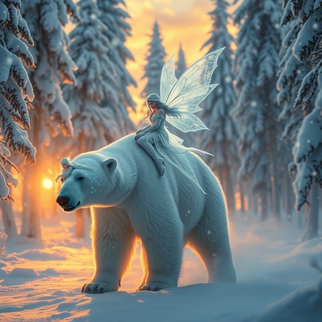 Ice Fairy and Polar Bear in Winter Forest