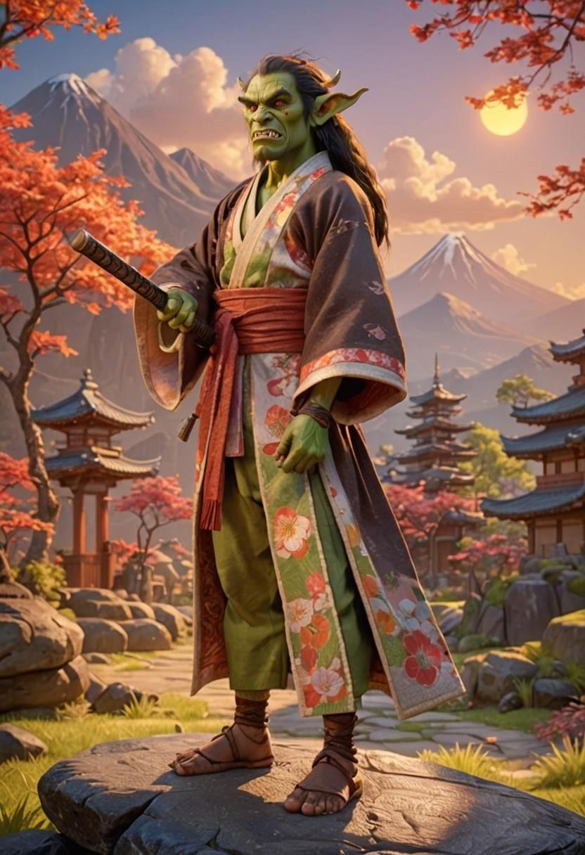Samurai Orc in Japanese Attire: Pixar-Style 3D Render