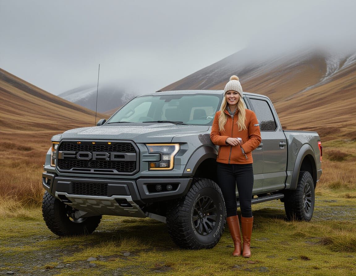 Nordic Woman and Ford Raptor in Scottish Hills