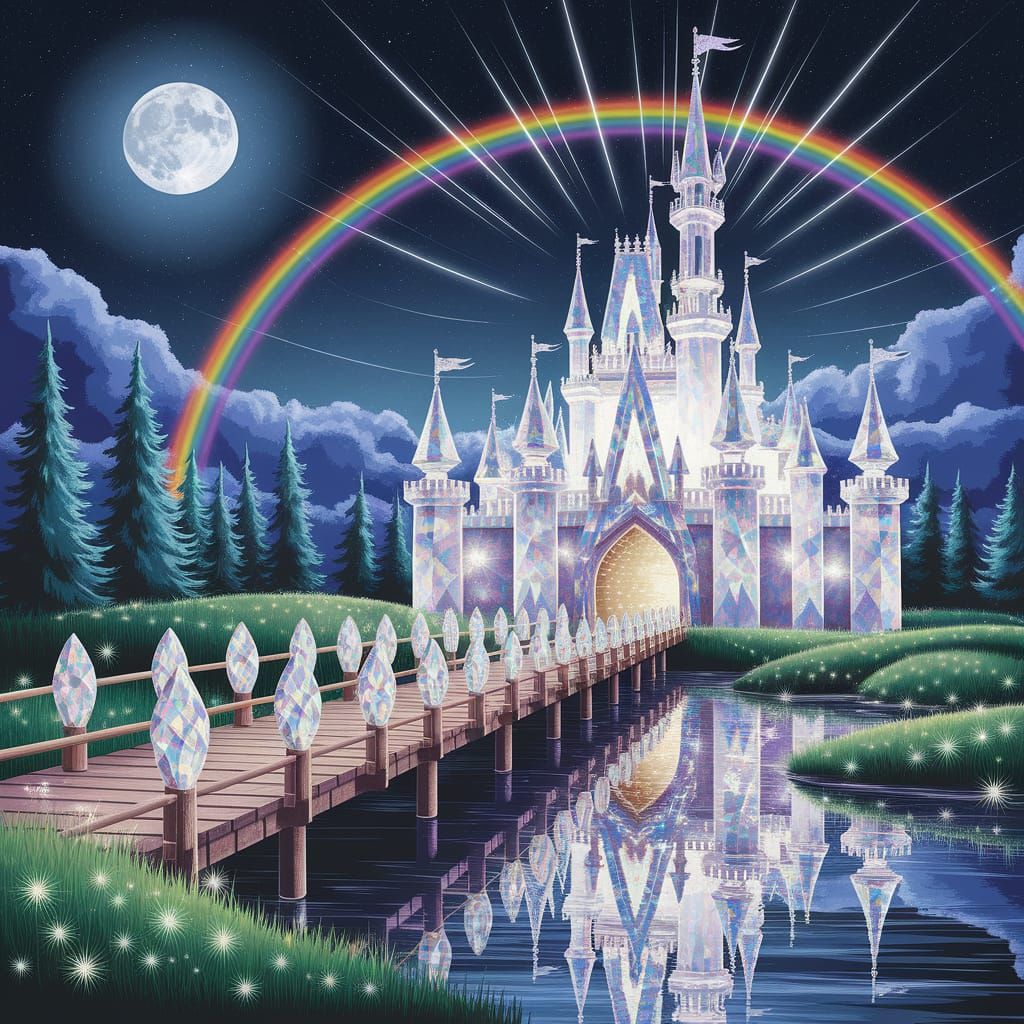 Crystal Castle Under Moonlit Sky: Watercolor Painting