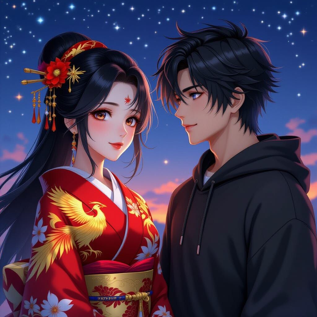 Geisha Gazing at Stars with Phoenix Kimono in 3D Anime Style