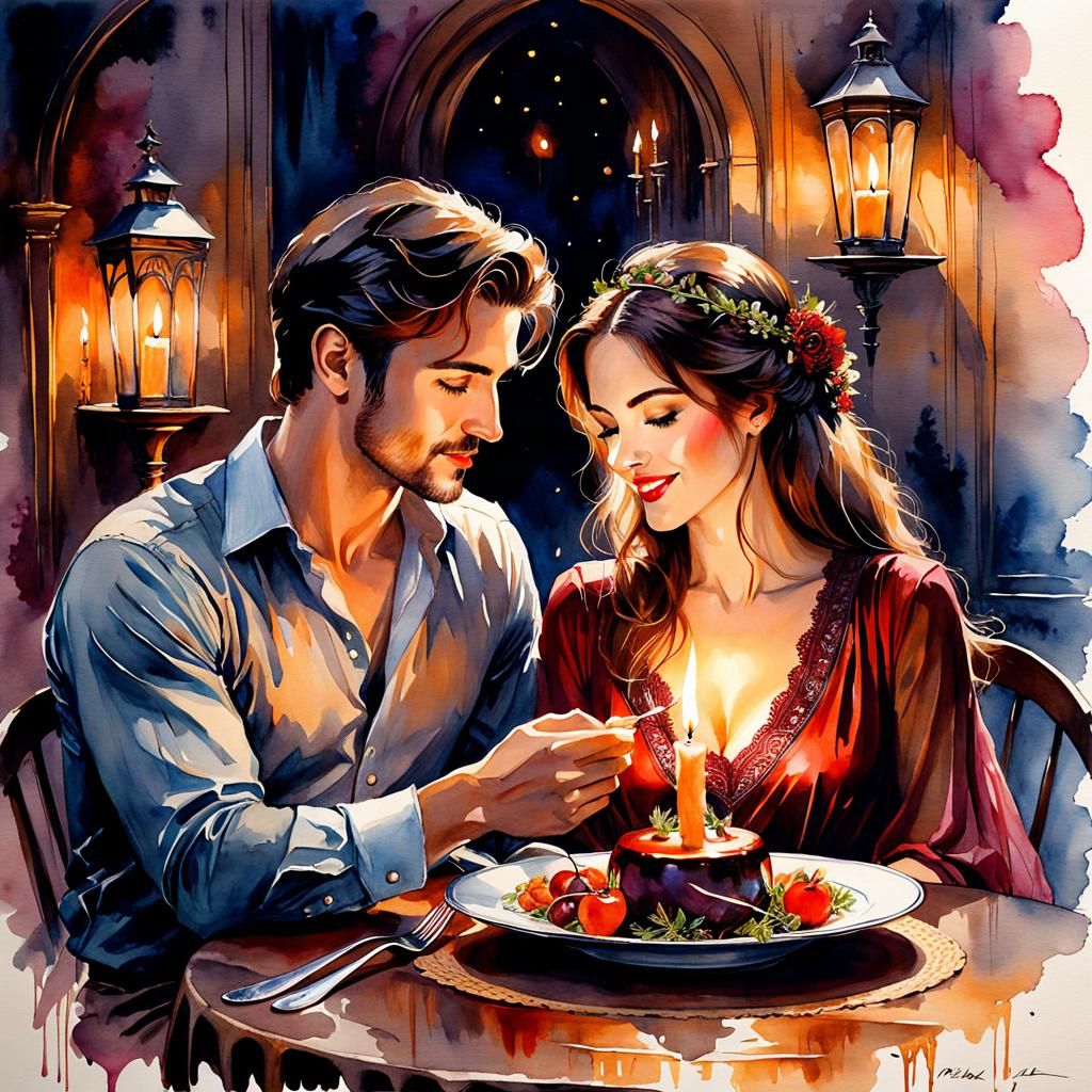 Romantic Candlelit Dinner: Vintage Watercolor Painting