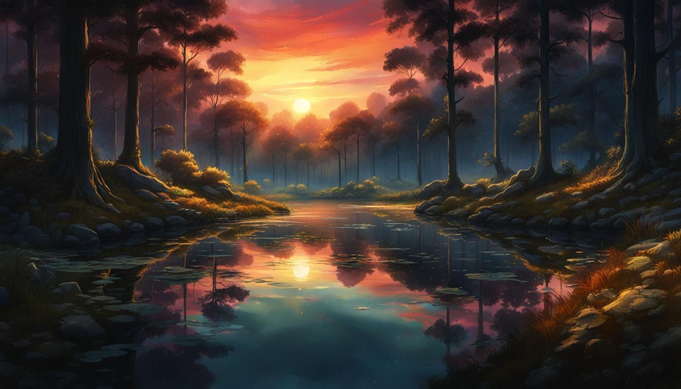 Forest and Lake Sunset Digital Painting