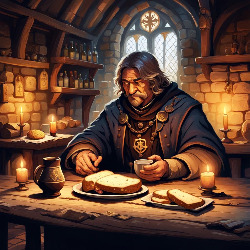 Fantasy Cleric in Tavern, Warm-Toned Digital Illustration
