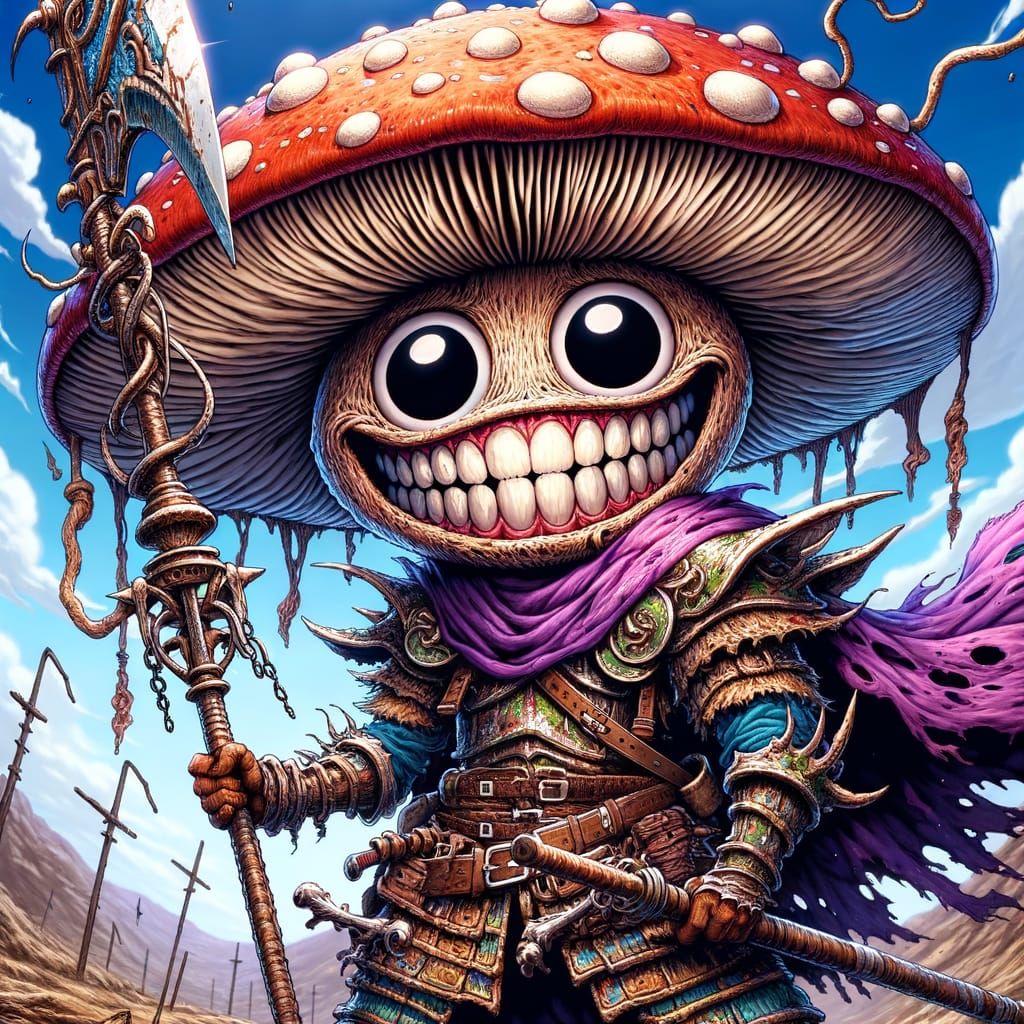 Anime Mushroom Warrior in Epic Battle Scene