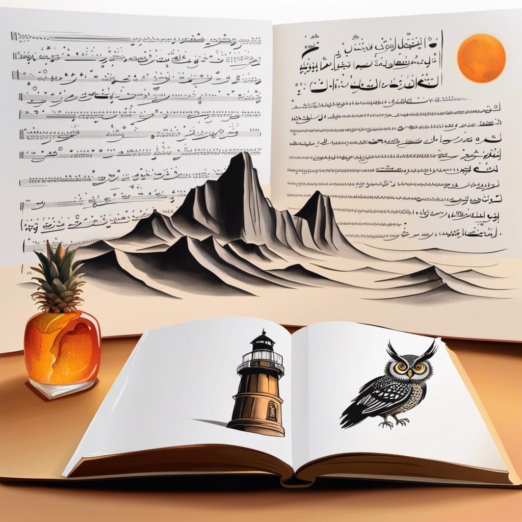 Arabic Book with Owl, Lighthouse and Desert Moon