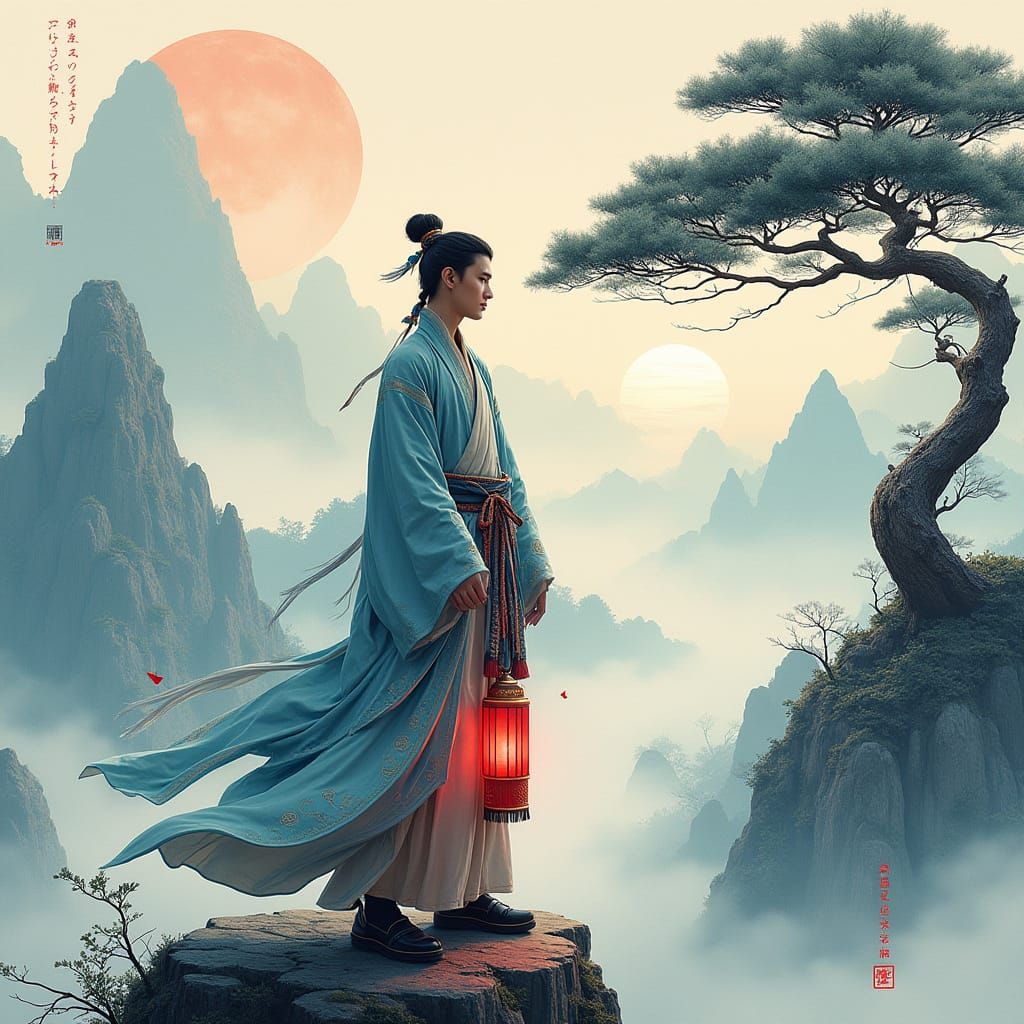 Cyberpunk Shan Shui Landscape with Figure and Lantern
