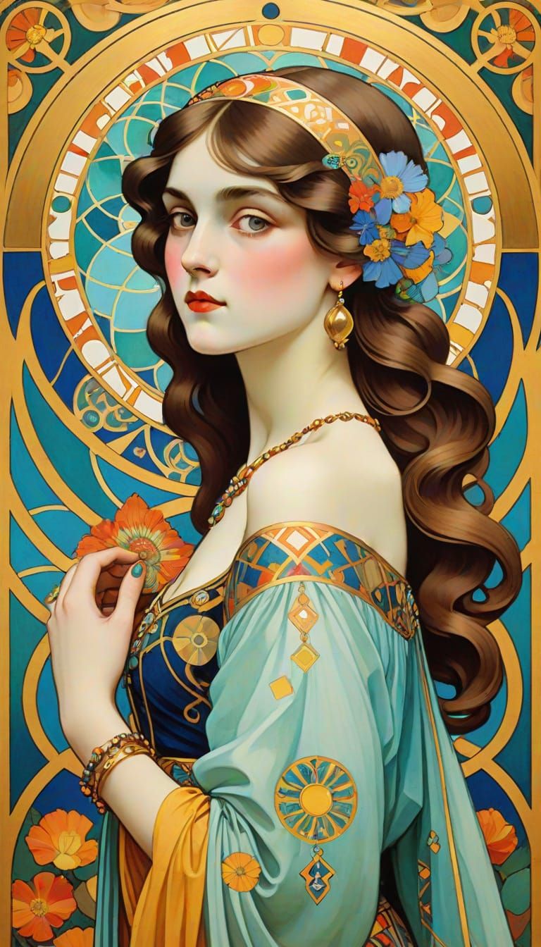 Ethereal Beauty in Vibrant Art Nouveau Style