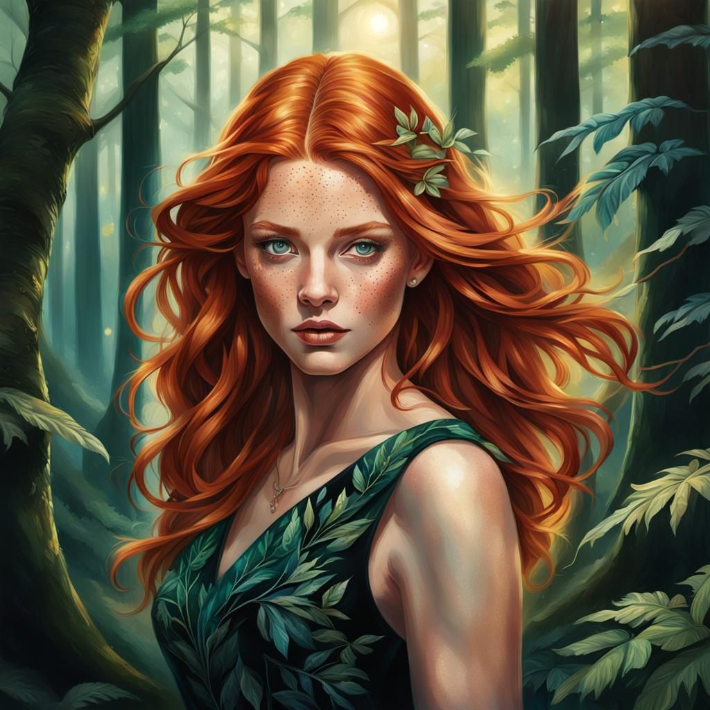 Redhead Dances in Forest: Hyperrealistic Artgerm-Style Portr...