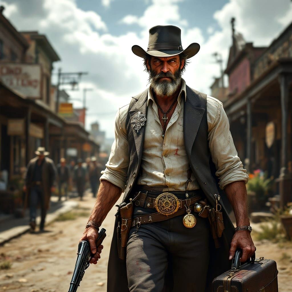 Gritty Old West Surgeon Walking Through a Small Town