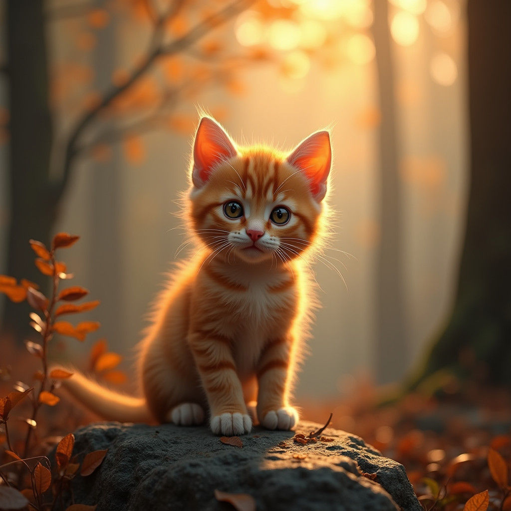 Tabby Kitten in Autumn Forest, Photorealistic Artwork