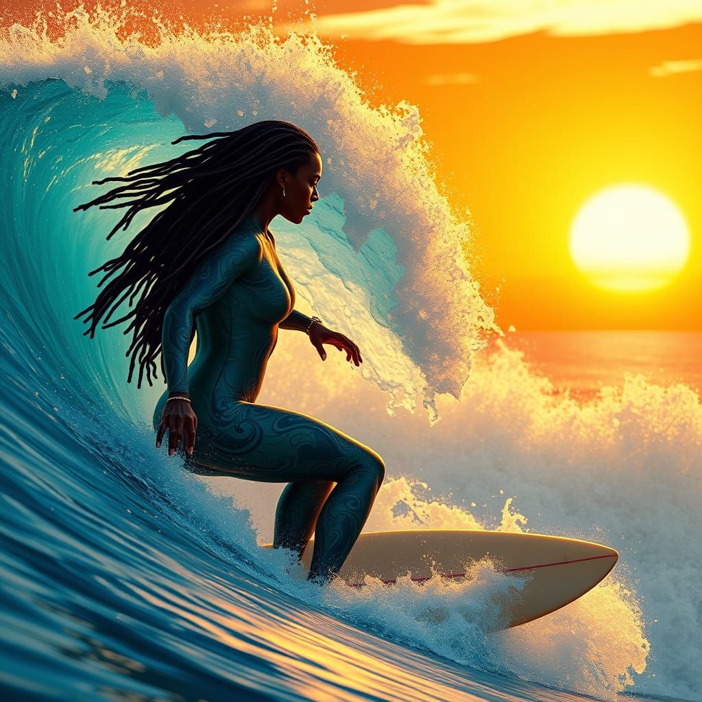 African Goddess Riding Turquoise Wave in Sunset