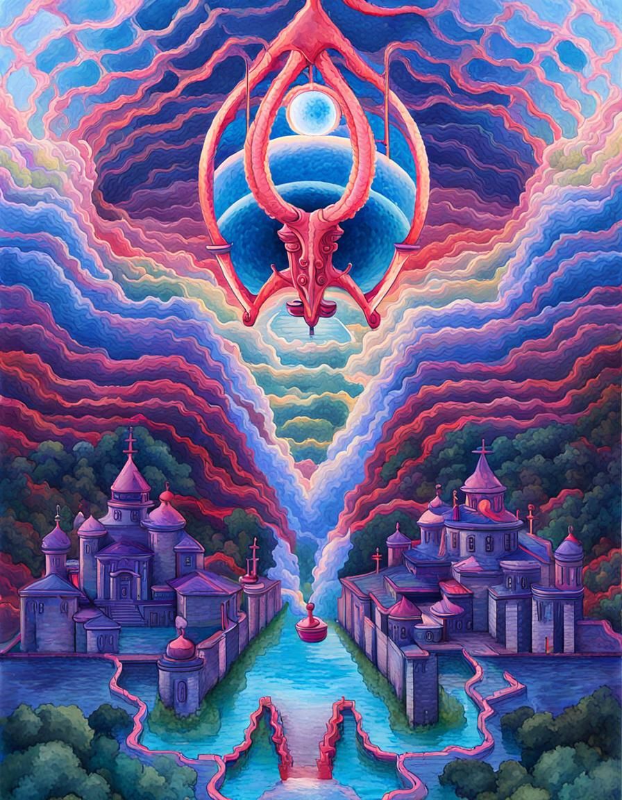 water liquid BAPHOMET, DMT art, Paul DELVAUX, distorted paradoxical perspectives, chessboard, yellow and blue complement...