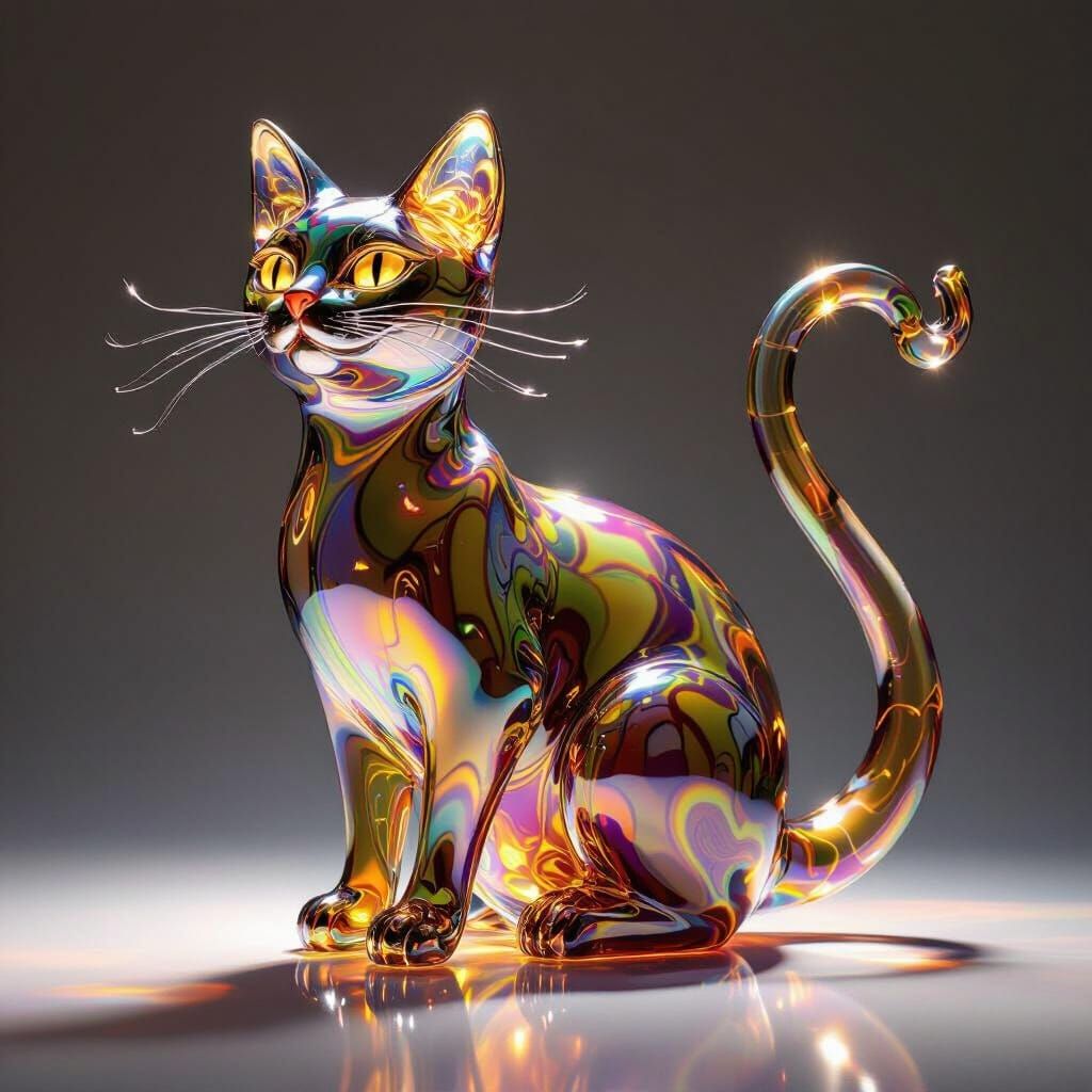 Glass Cat Sculpture With Iridescent Sheen
