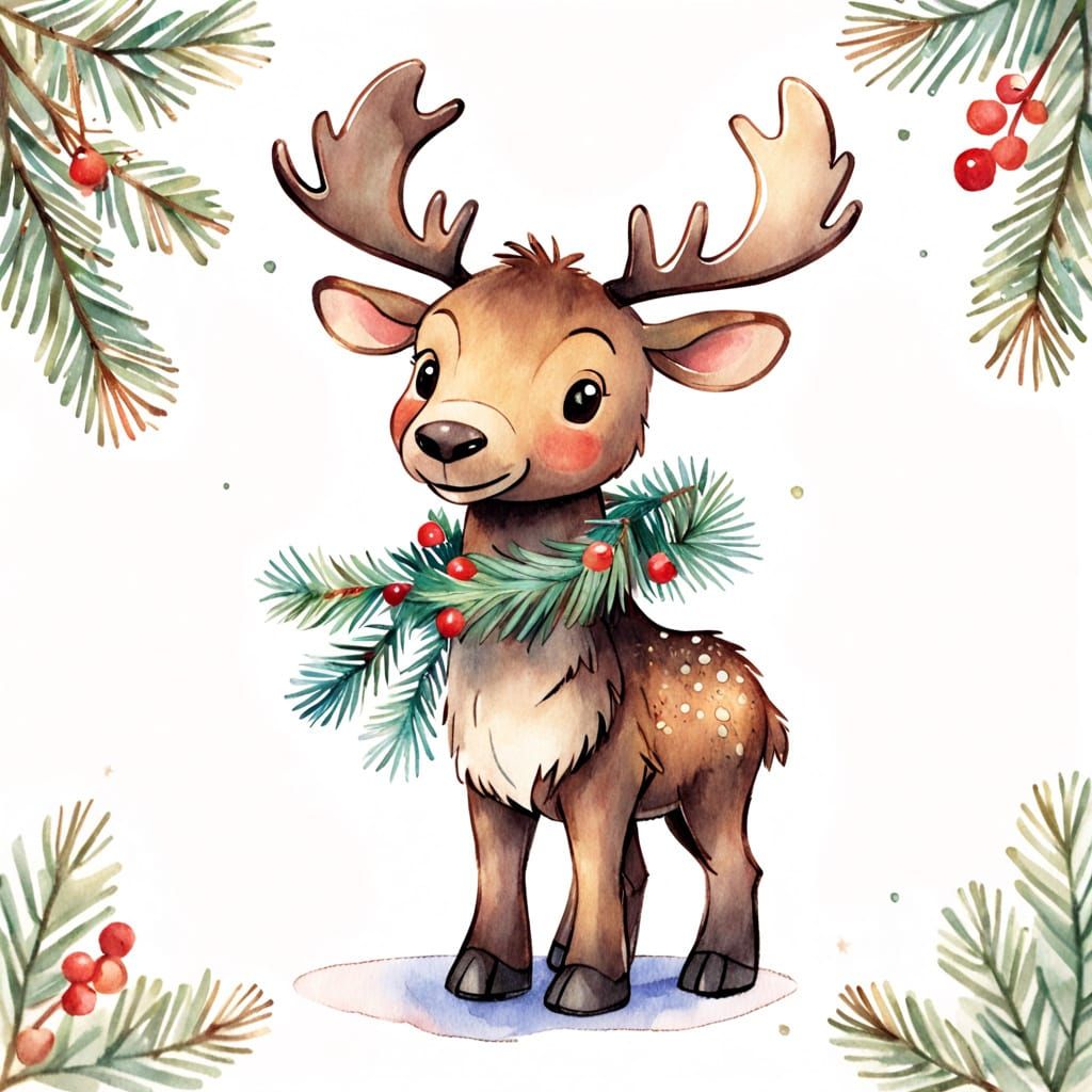 Cute Toy Moose Cub with Garland in Watercolor Sketch Style