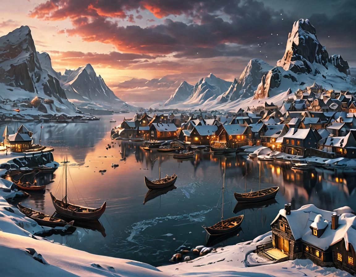 Winter Dragon View of Fantasy Harbor at Sunset