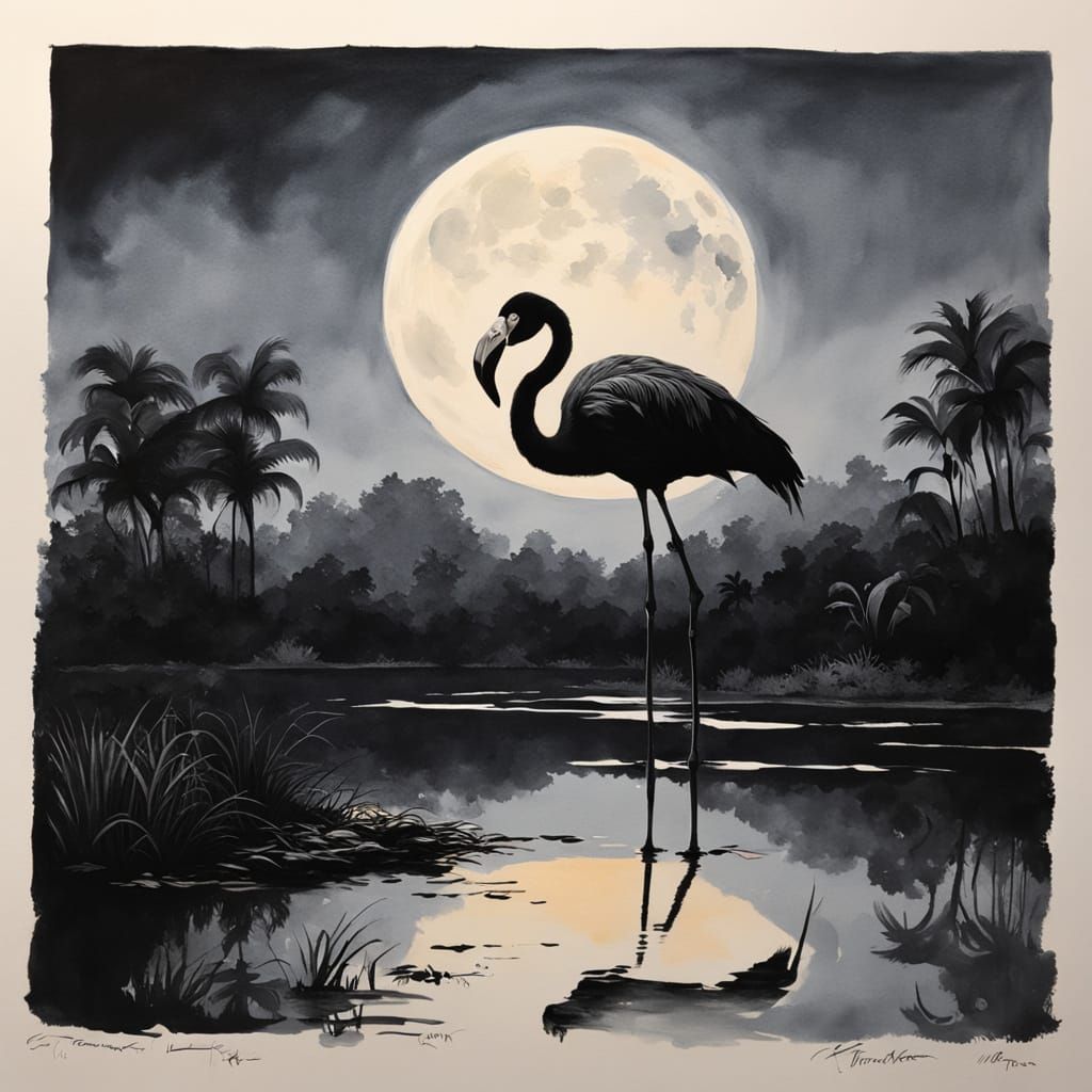 Flamingo Silhouette at Moonlit Pond: Gouache and Ink