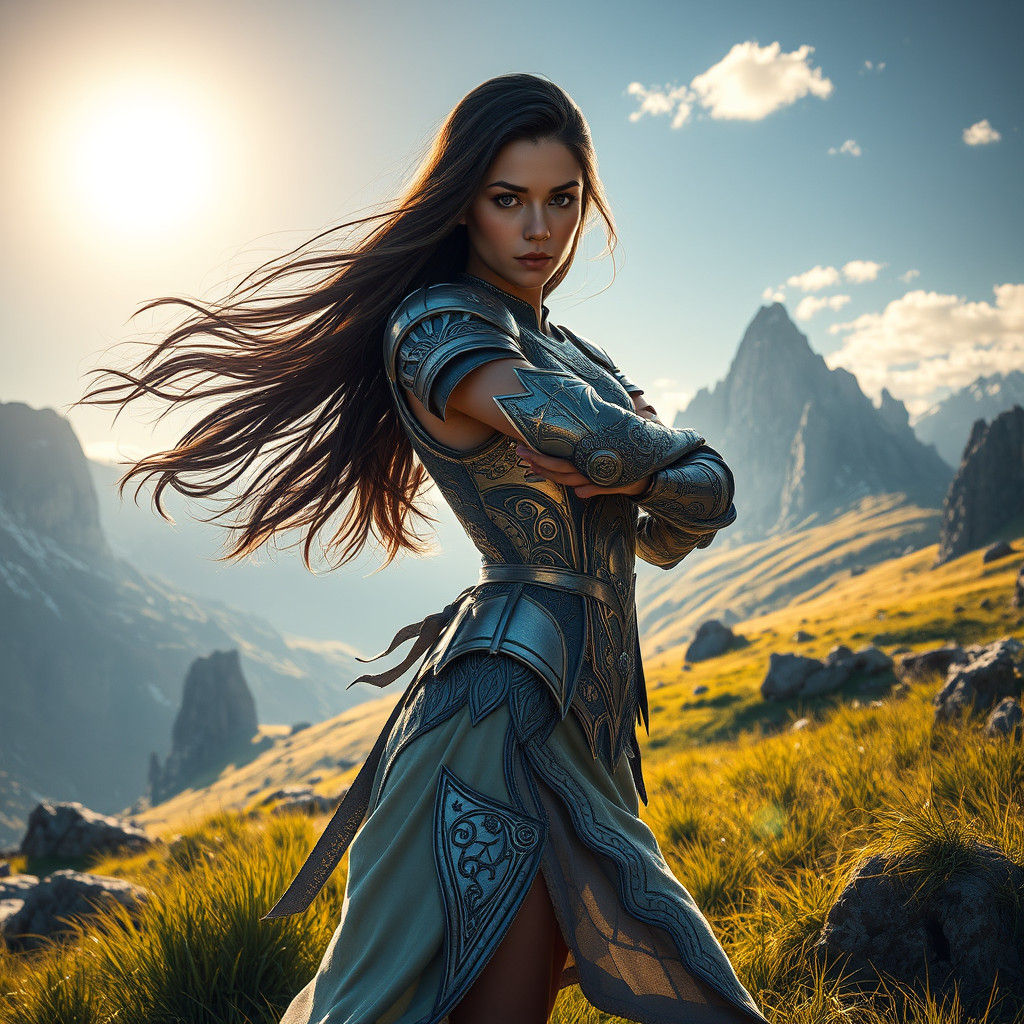 Heroic Fighting Princess in Mountain Landscape