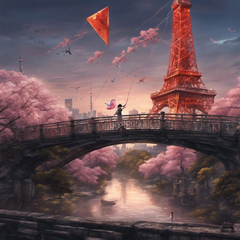 Girl Flying Kite with Tokyo Tower in Background