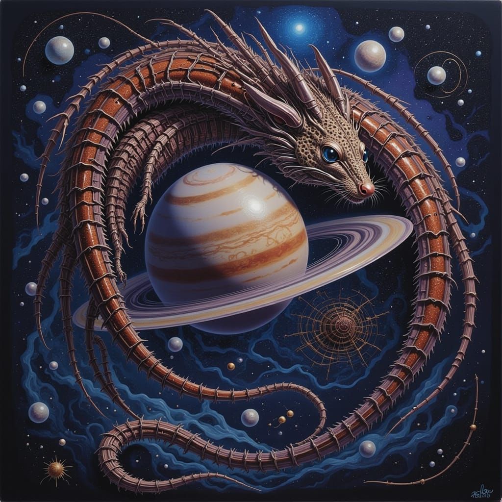 Cosmic Dragon Around Ringed Planet, Cinematic Digital Matte ...