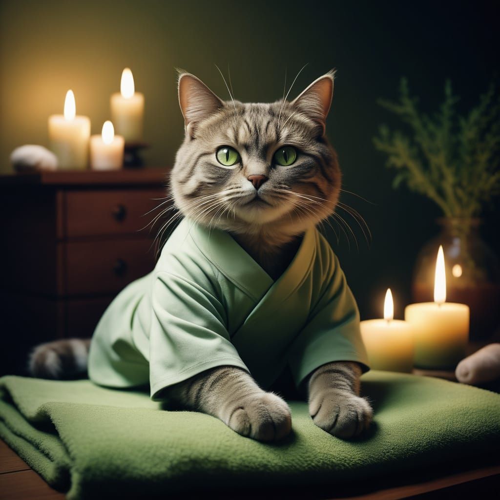 "A whimsical anthropomorphic cat with sleek olive-green fur, dressed as a professional masseur. The cat has expressive o...