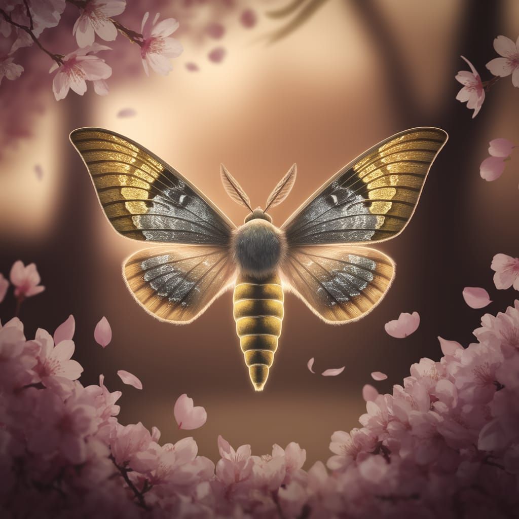 Moth in Golden Light, Cherry Blossom Background
