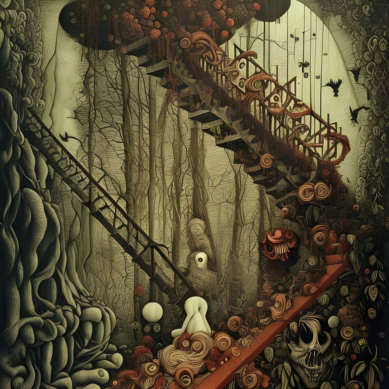 Sinister Stairs in Arcimboldo Style Nature Scene