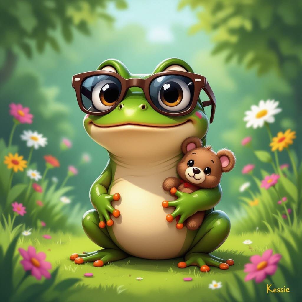 Frog with Sunglasses Holding Teddy Bear in Garden