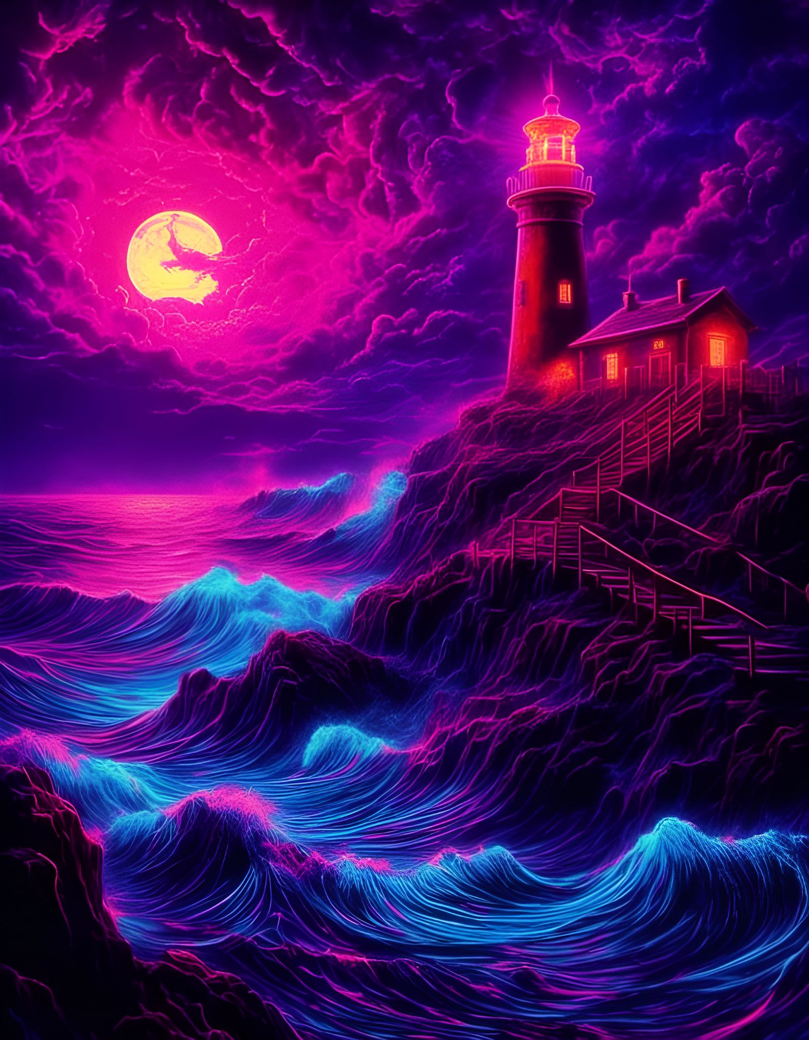 Surreal Blacklight Lighthouse and Waves
