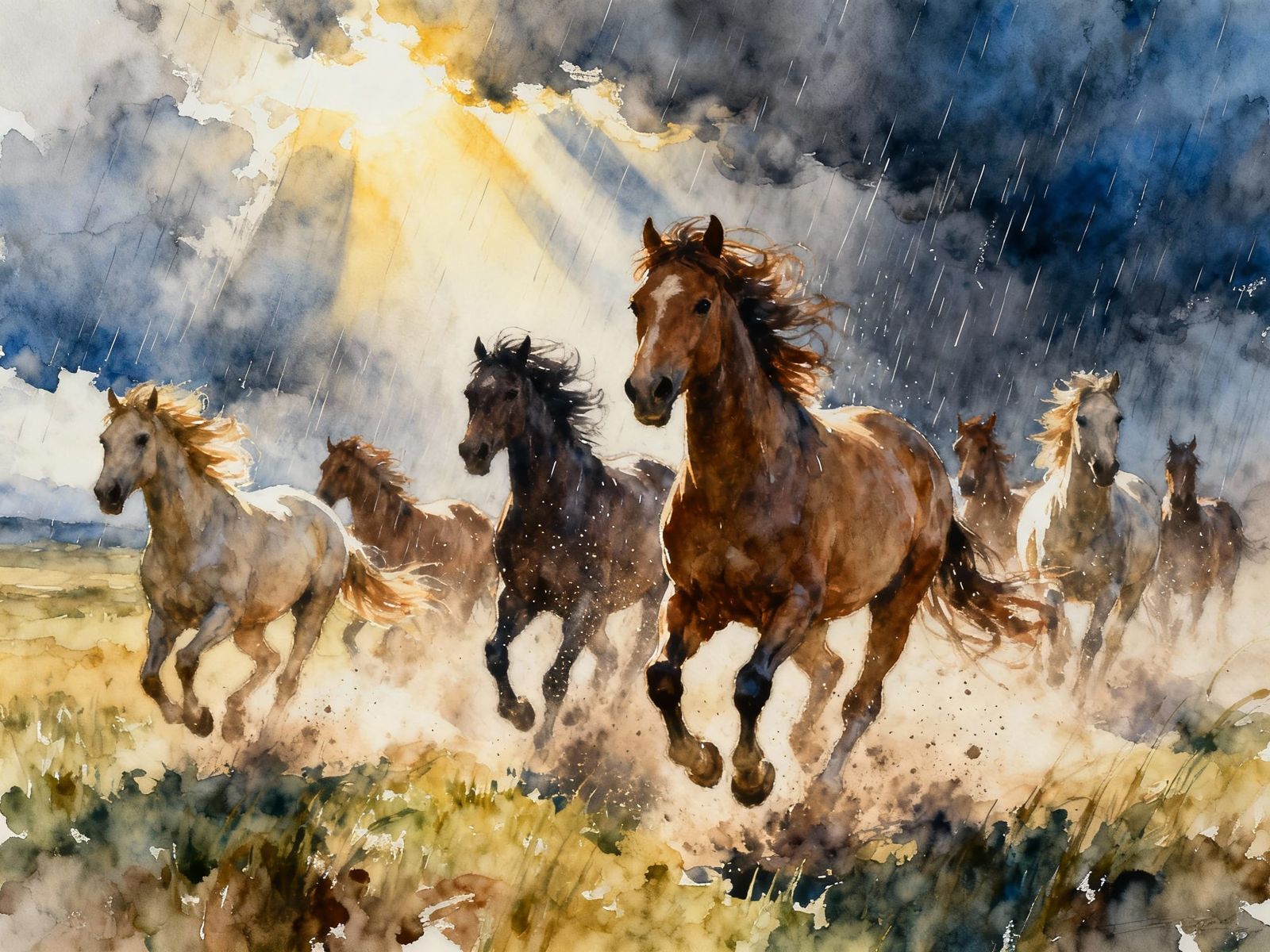 Wild Horses Gallop in Dramatic Storm Light