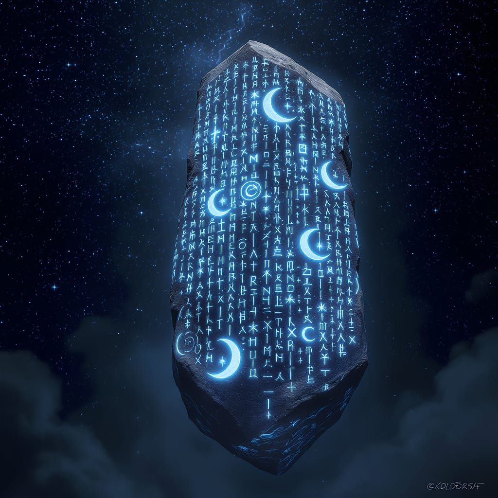 Mysterious Monolith with Moon Glyphs in Starry Void