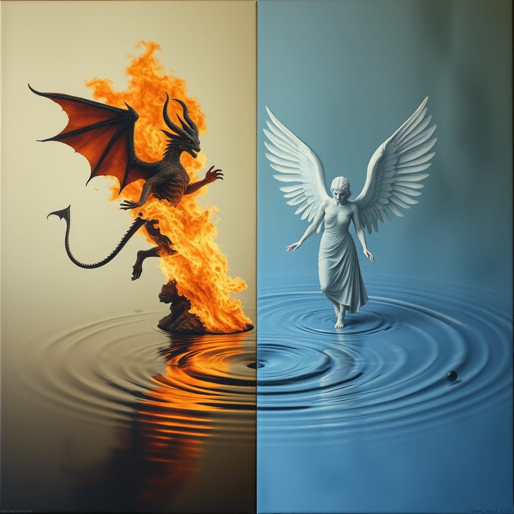 Fire Demon Meets Water Angel in Surreal Split Screen