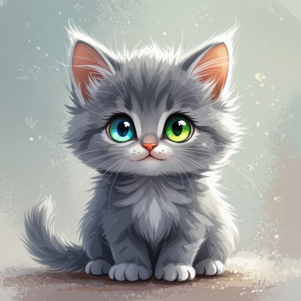 Grey-Blue Kitten with Green and Orange Eyes