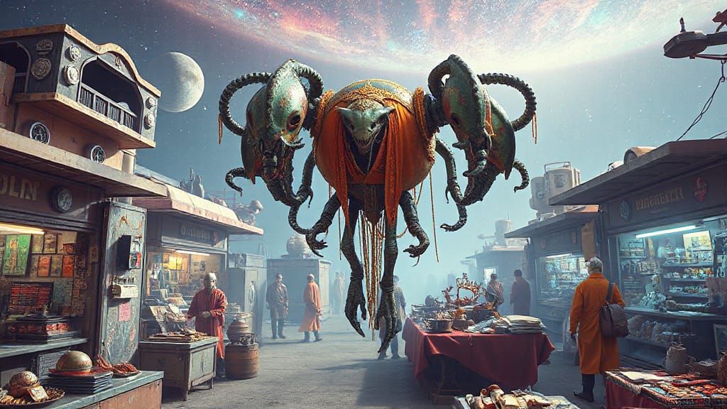 Vibrant Alien Market in Futuristic Zero-Gravity Space