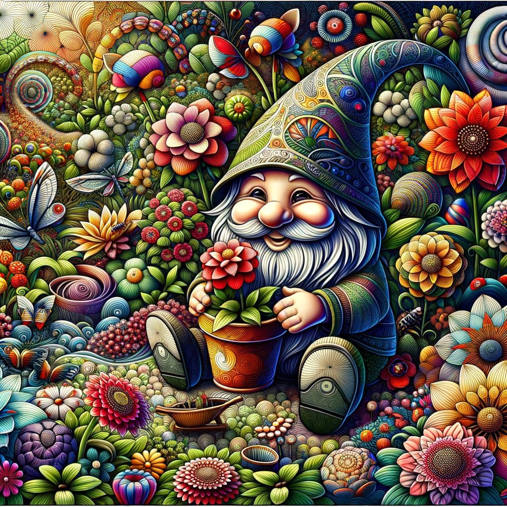 Enchanting Garden Gnome Amidst Blossoms and Insects