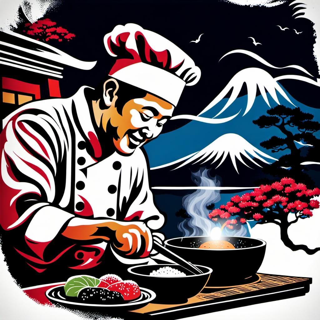 Joyful Japanese Chef Cooking: Ink and Digital Art