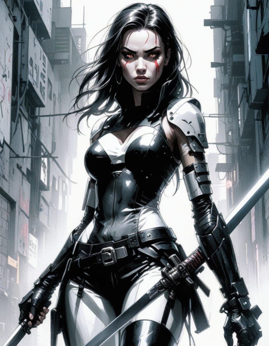 Mysterious Warrior in Futuristic Alley, Pop Art Style