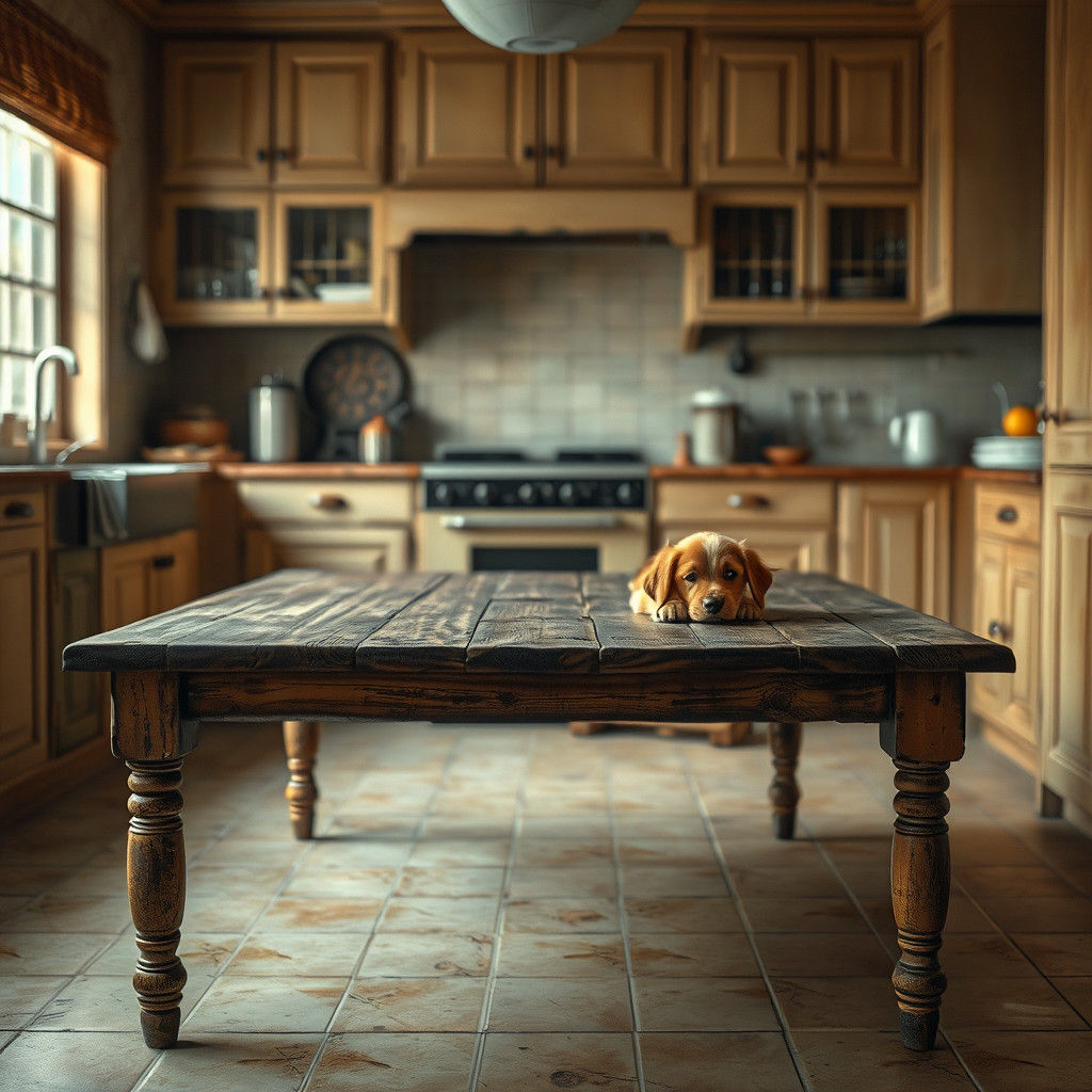 Photorealistic Kitchen Interior with Sad Puppy