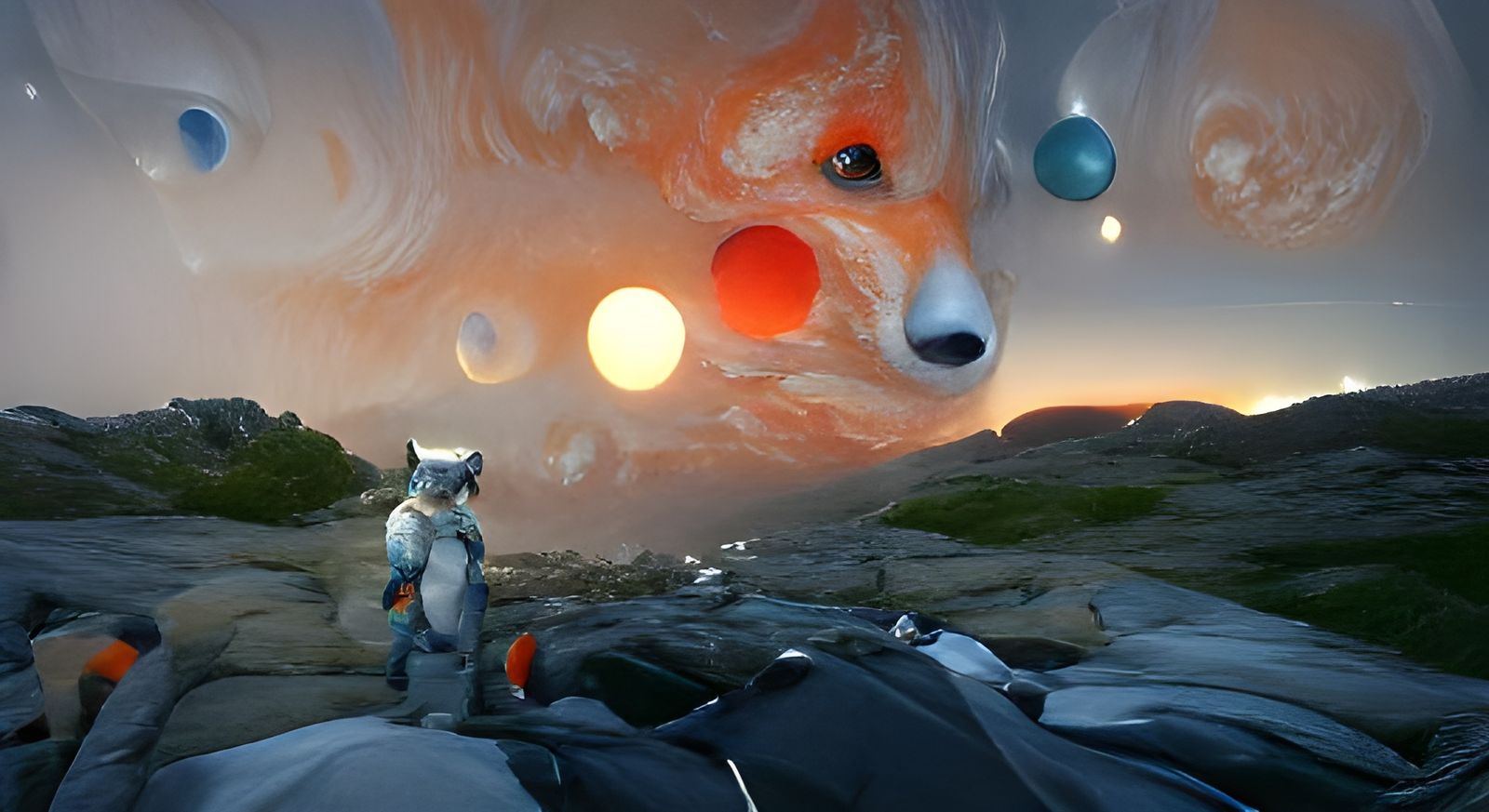 Ethereal Sunset with Multiple Moons and Fox